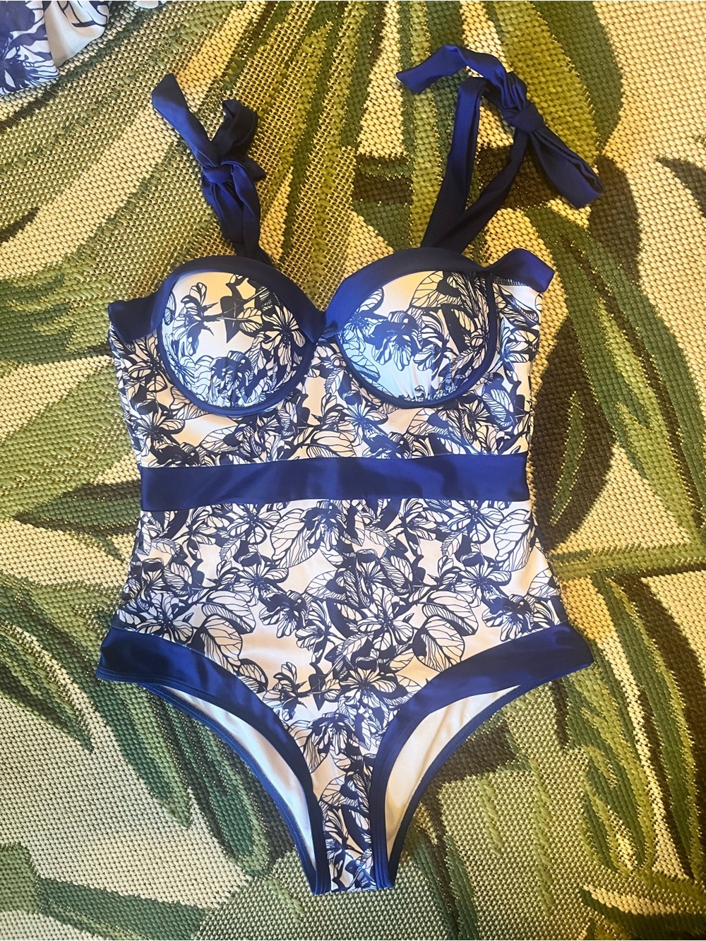 Blue Floral One-Piece Swimsuit with Tie Straps